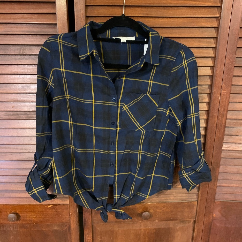 Navy Plaid Tie Front Button Down